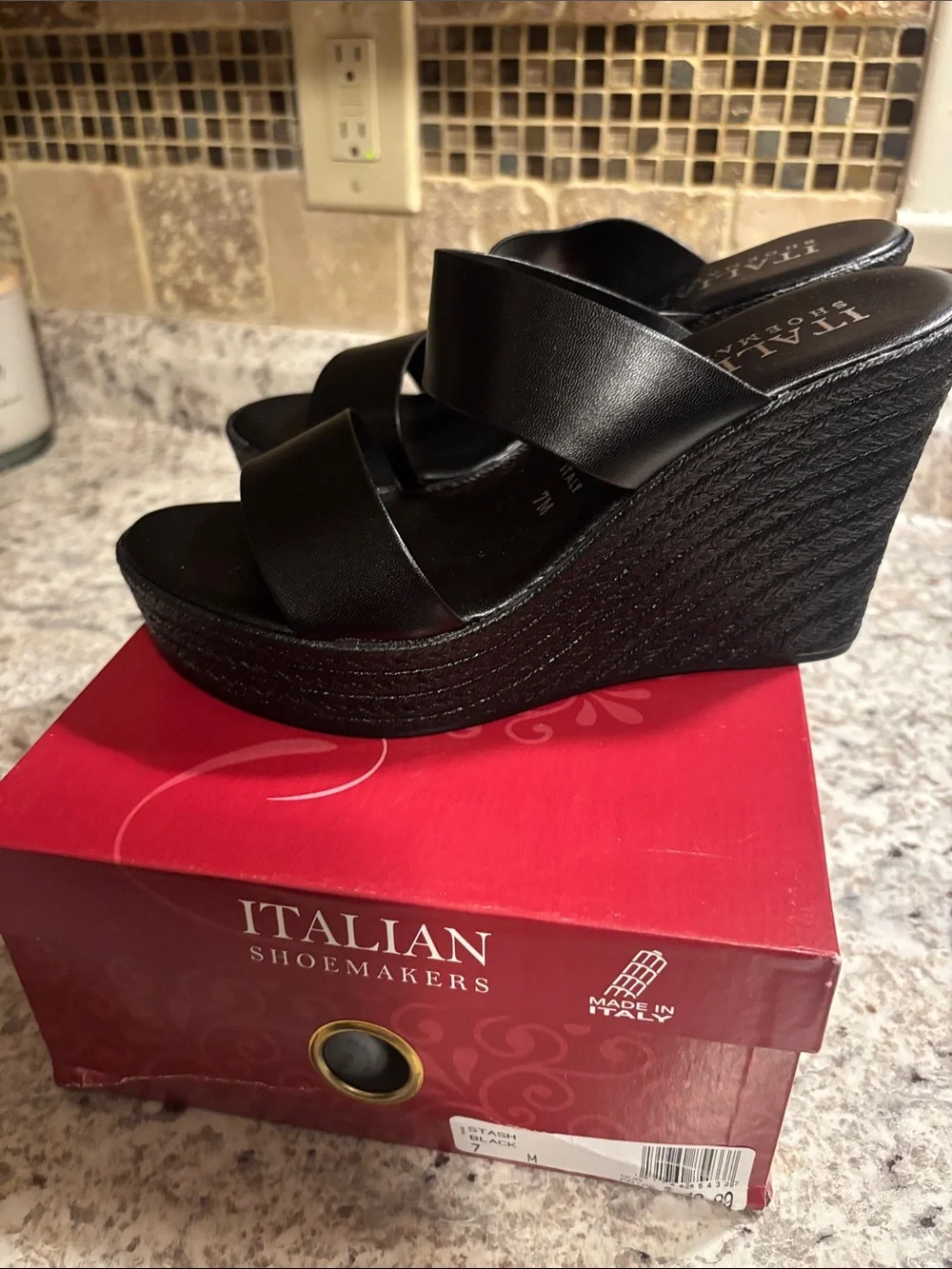 Italian Shoemakers Black Double-Strap Wedge Slides